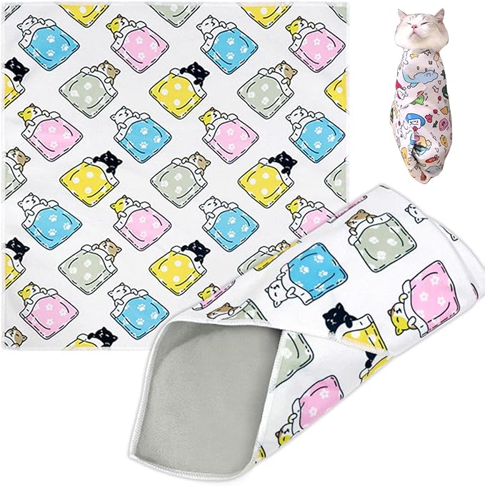 Cat Grooming Wrap, Cat Wrap Self-Adherent, Anti-Scratch Anti-Bite, Anti-Escape Grooming Bag for Cats Nail Clipping, Ear Cleaning, and Teeth Brushing (19.7 × 19.7" Cat Prints)