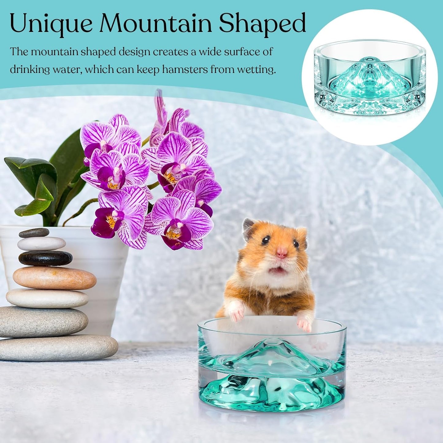 Baderke 2 Pcs Hamster Water Bowls Glass Hamster Food Bowls 35ml Mountain Style Drinking Container Anti Turning for Guinea Pig Gerbils Mice Rats Chinchilla Small Pets(Clear and Green)
