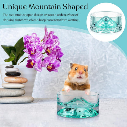 Baderke 2 Pcs Hamster Water Bowls Glass Hamster Food Bowls 35ml Mountain Style Drinking Container Anti Turning for Guinea Pig Gerbils Mice Rats Chinchilla Small Pets(Clear and Green)