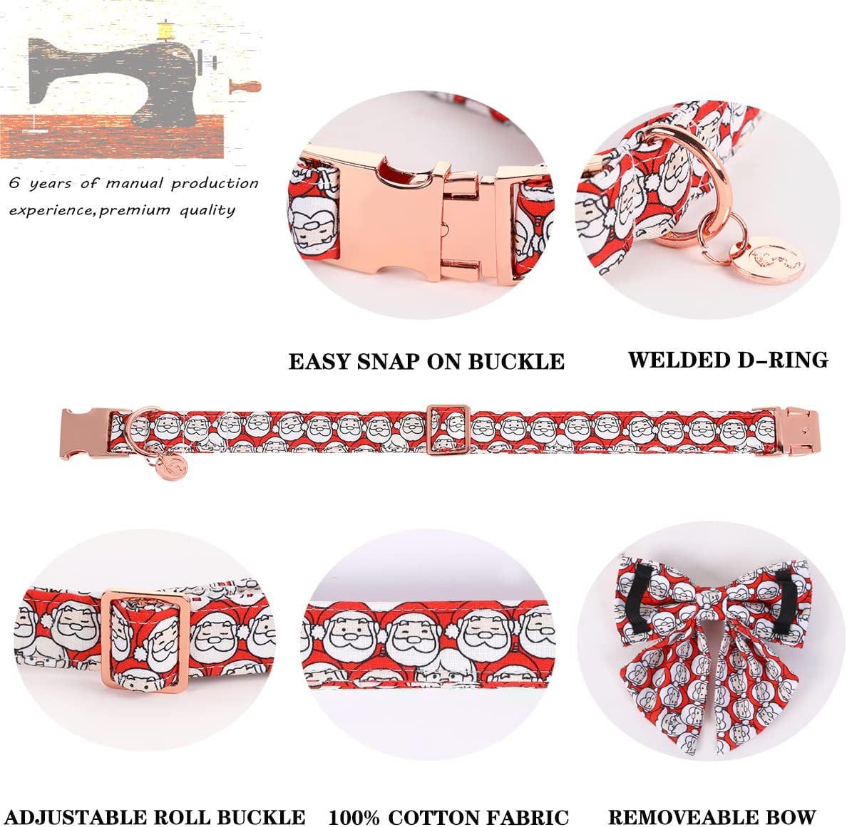 DOGWONG Cotton Dog Collar with Bowtie, Stylish Christmas Red Plaid Dog Collar Adjustable Puppy Necklace for Small and Medium Dogs