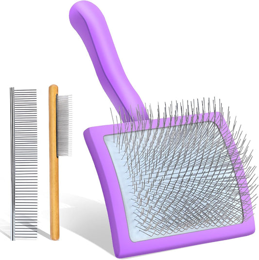 Long Pin Dog Slicker Brush for Long Haired Dogs, Removes Loose Hair, Tangles and Knots, Professional Pet Grooming Kit, Purple