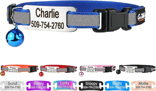 GoTags Personalized Reflective Cat Collars with Tag, Engraved Custom with Name and Phone, Breakaway Collar with Safety Buckle and Bell, Adjustable for Cats and Kitten, (Blue with Nameplate)