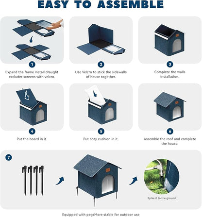 Outdoor Cat House Feral Cat Shelter,Outside Waterproof Cat House for Outdoor/Indoor Cats, Insulated Cat Bed for All Seasons with Cozy Cushion Easy to Assemble (Navy Blue, Floor Spike Style)