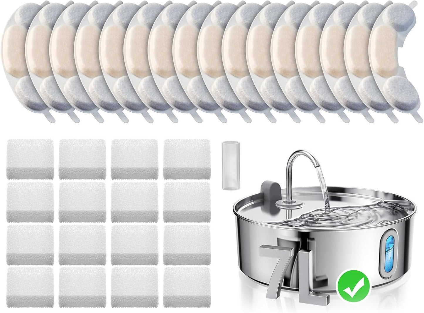 Official 16 Packs Dog Water Filter Replacement and 16 Sponges with 1 Pump Holder for 7L/236oz/1.8Gal Stainless Steel Dog Water Fountain