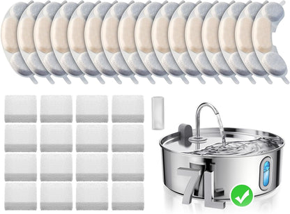 Official 16 Packs Dog Water Filter Replacement and 16 Sponges with 1 Pump Holder for 7L/236oz/1.8Gal Stainless Steel Dog Water Fountain