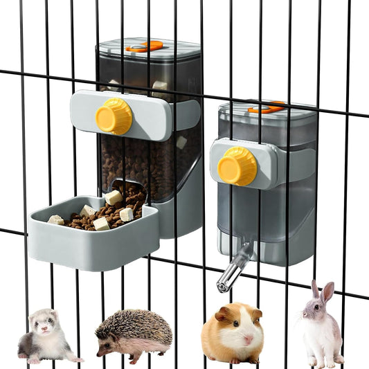 Rabbit Automatic Food Feeder and Water Dispenser Bunny Gravity Feeding Station Waterer Set Hanging Self-Dispensing Feeder for Ferret,Guinea Pigs Chinchillas Hedgehog (Grey)