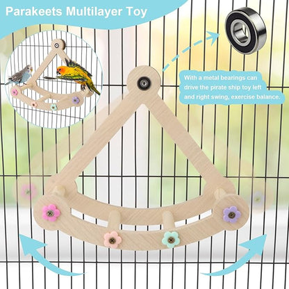 Bird Swing Toy Multilayer Bird Playground Natrual Wooden Activity Toy for Parakeets, Cockatiels, Conures, Lovebirds Cage Perch Stand with Chew Toys & Climbing Ladders (9.4x3.9x7.9 Inch)
