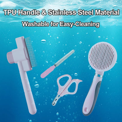 Cat Grooming Kit, 4-in-1 Cat Grooming Tools with Cats Brush, Flea Comb, Nail Clipper & Trimmer - Deshedding & Dematting for Pets Hair and Paws, Pet Shedding Set for Indoor Dogs & Cats (Pink)