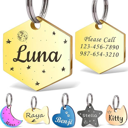 Anavia Small Size Dog Cat ID Tags, Small/XS Personalized Color Plated Stainless Steel Puppy Kitten Name Tags, Customized Engraved Nameplate Pet Collar Tag (Gold, Hexagon)