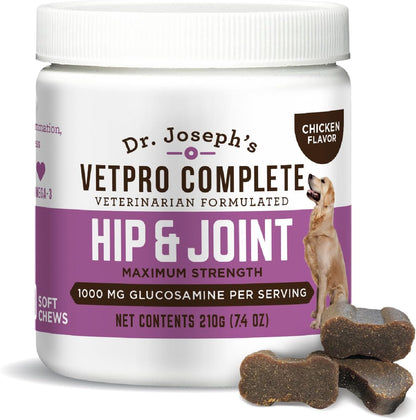 VetPro Complete Dr. Joseph's Dog Hip and Joint Supplement, 60 Count, Chicken Flavored Pain and Inflammation Relief Chews with Glucosamine, Chondroitin, MSM, Turmeric, Vitamin C, Omega 3