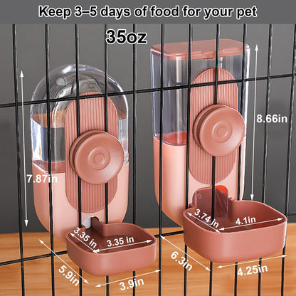 Hanging Automatic Pet Food Water Dispenser, 35oz Rabbit Feeder for Cage Gravity Feeder Siphon Waterer Set for Rabbit Chinchilla Hedgehog Ferret Cat Puppy (Pink)