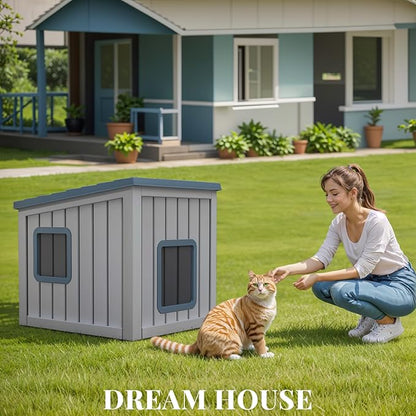 DRATO Outdoor Cat House,Waterproof PP Material Cat Houses for Feral Cats,Robust and Easy to Assemble,Feral Cat Shelter for Winter,Suitable for Cats, Rabbits and Other Small Animals (Blue, Small)