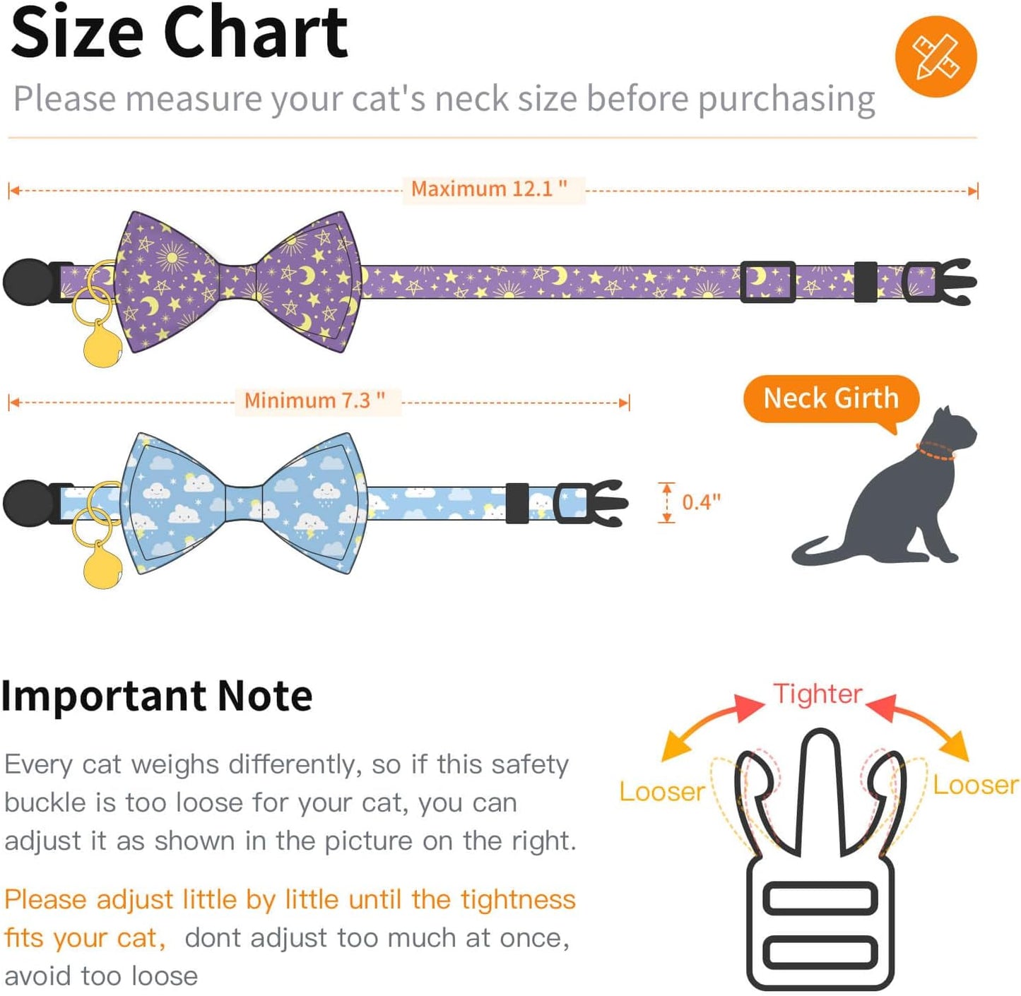 2 Pack Cotton Cat Collar with Bow Tie and Bell for Girl Boy Cats,Cute Purple Moon and Blue Cloud Pattern Spring Summer Breakaway Cat Collar for Male Female Cats(Moon&Cloud)