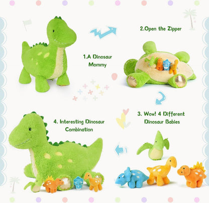 Tezituor Cute Dinosaur Stuffed Animal with 4 Baby,Dinosaurs Plush Toys,Mommy Dinosaurs,3 Baby, Large Dino Plushies Gifts for Girls Boys Kids Christmas Easter Birthday Children's Day, Green