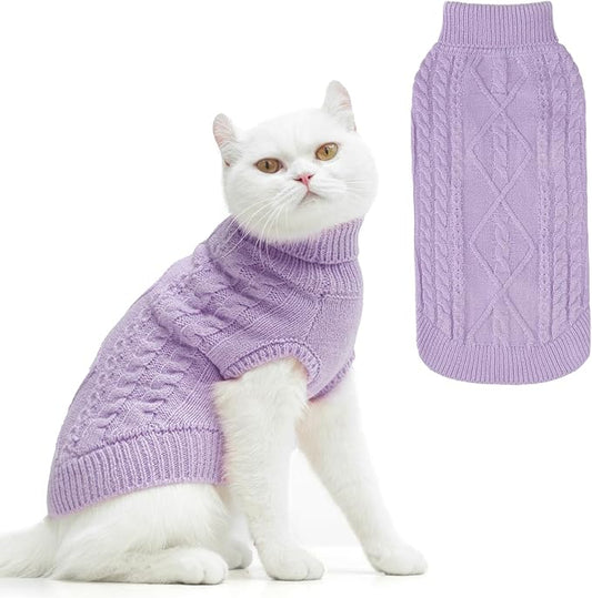 PUPTECK Winter Cat Sweater Coat - Soft Warm Cold Weather Clothes Knitwear for Kittens & Small Dogs Indoor Outdoor Wearing, Knitted Classic for Doggies Kitties Girls Boys, Light Purple, L
