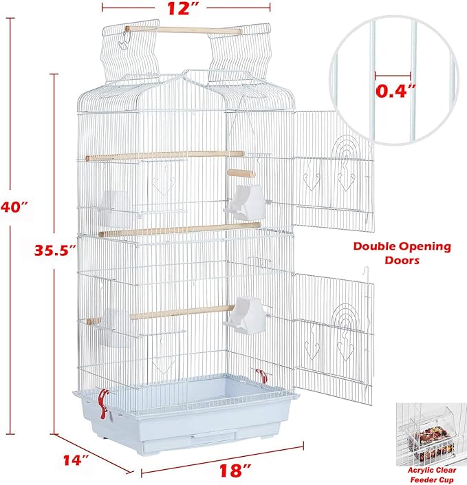 Large 40-Inch Portable Bird Flight Side Nest Doors Cage for Canary Parakeet Cockatiel Lovebird Finch Small Parrot Budgies Travel Bird Cage