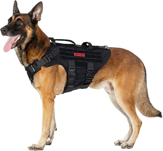 OneTigris Large Tactical Dog Harness, No Pulling Adjustable Dog Vest Harness, Heavy Duty Dog Harness with Handle, Large Hook and Loop Panels for Patch Black