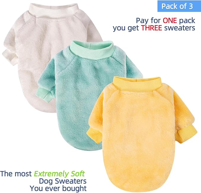 FabriCastle Dog Sweaters, 3-Pack Dog & Cat Clothes, Ultra Soft and Warm Pet Jackets for Small Dogs Boy & Girl, Winter Pet Apparel Costumes, Puppy Outfits (Beige,Light Green,Yellow, X-Small)