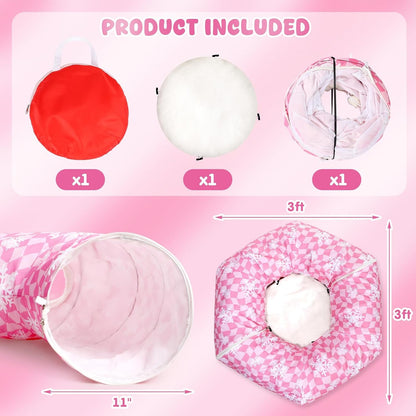 Christmas Cat Tunnel Bed Peekaboo Cat Cave Donut Under Christmas Tree Pink Checker with Snowflakes Hanging Ball Festive Decor Playground Toys Perfect for Medium Large Cats, Kittens, Rabbit, Ferret