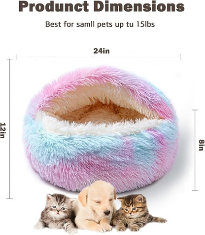Cat Bed for Indoor Cats, Calming Cozy Cave with Self-Warming Plush, Entire Bed Machine Washable & Anti-Slip Base, Breathable Pet Bed for Small Cats&Dogs All Seasons (Dazzling Colors, 24 * 24inch)