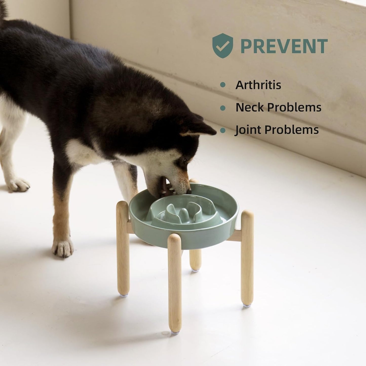 Ceramic 1.6 Cup Raised Slow Feeder Dog Bowl Set, Elevated Wooden Stand for Medium and Large Dog, 8.2inch Puzzle Slow Dish, Anti-Gulping(Light Green, Single Bowl+ Stand)