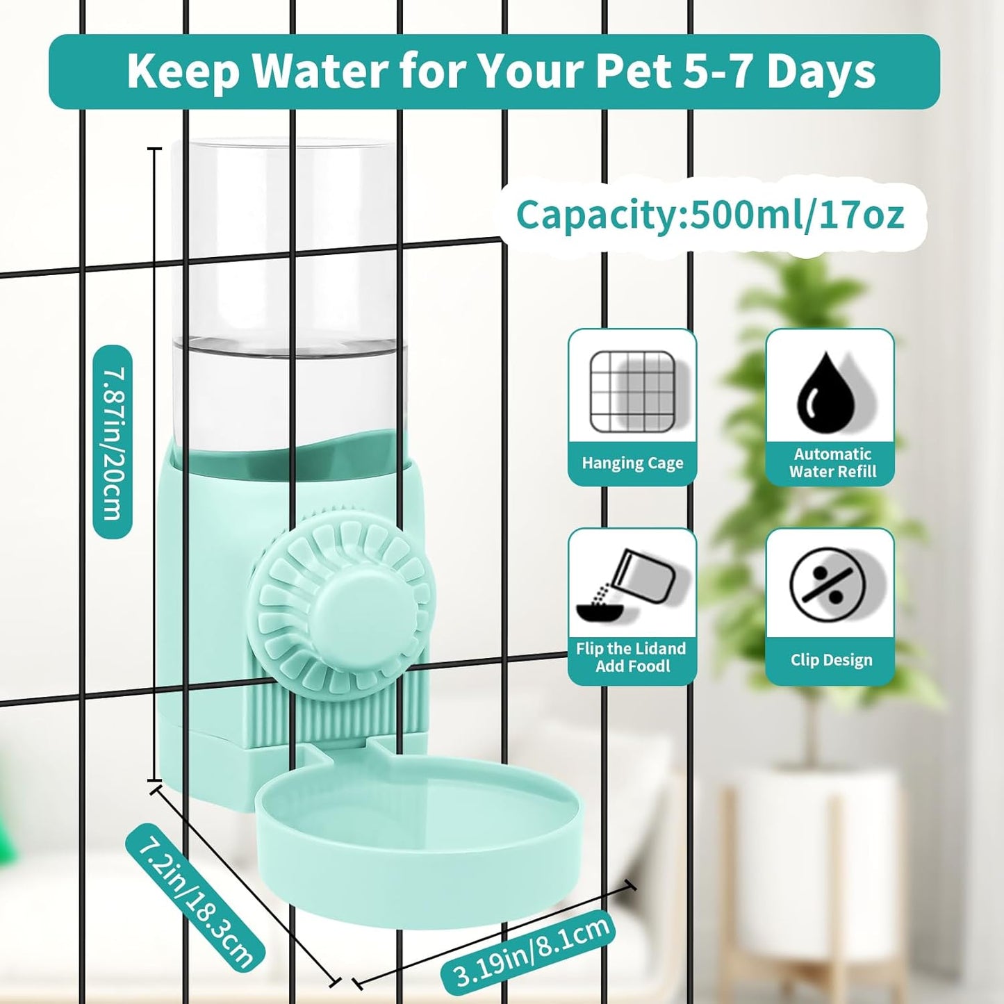 Hanging Pet Water Dispenser,17oz Rabbit Guinea Pig Water Bottle, Water Bowl for Cats Dogs Ferret Small Animals (Blue)