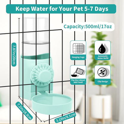 Hanging Pet Water Dispenser,17oz Rabbit Guinea Pig Water Bottle, Water Bowl for Cats Dogs Ferret Small Animals (Blue)
