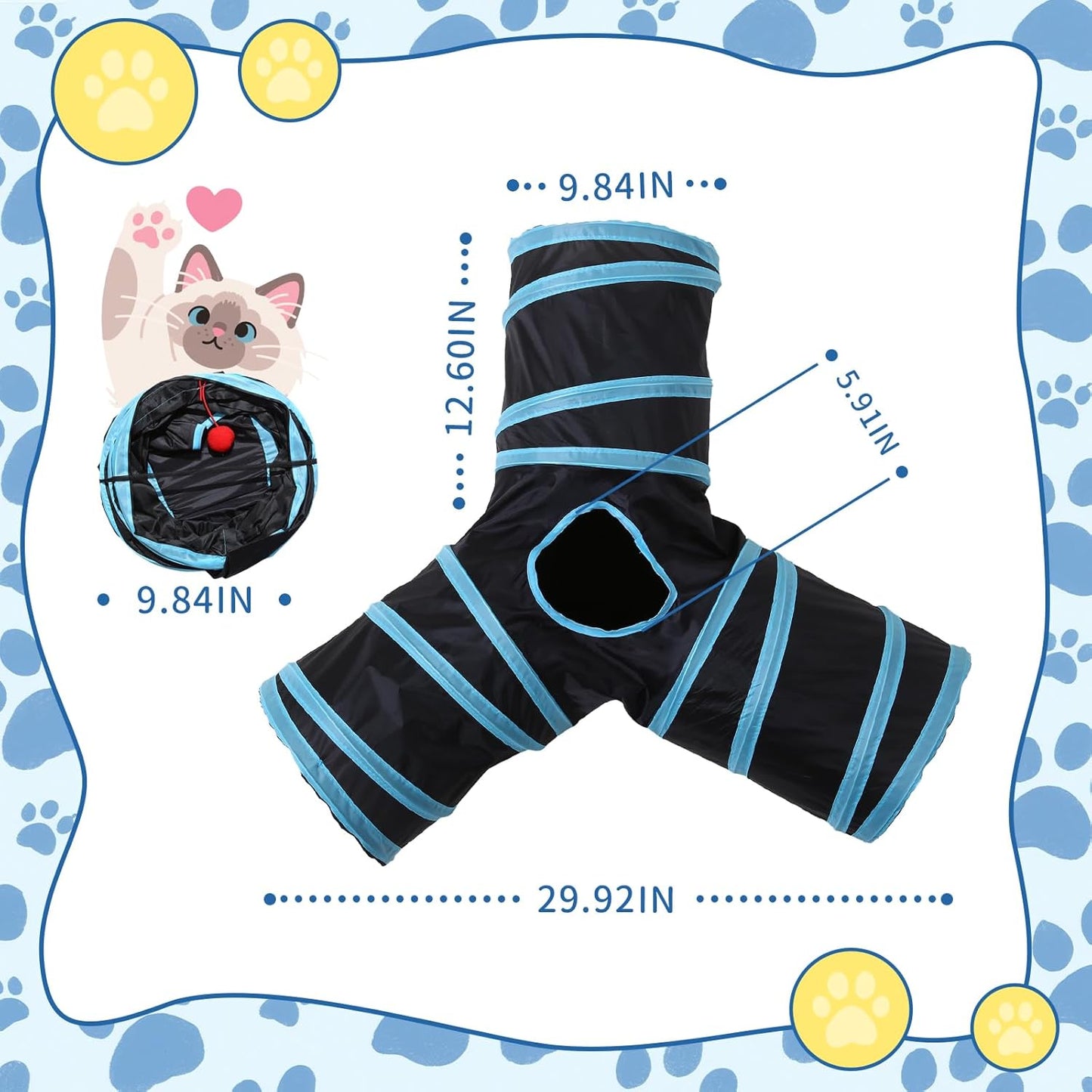 Pet Cat Tunnel, Y-3 Way Tunnels for Indoor Cats, Collapsible Pet Tunnel for Kitten, Puppy, Rabbit, 25cm-Wide Tunnels, Durable & Breathable, with Peek Hole Toy Ball