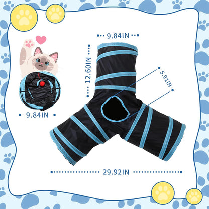 Pet Cat Tunnel, Y-3 Way Tunnels for Indoor Cats, Collapsible Pet Tunnel for Kitten, Puppy, Rabbit, 25cm-Wide Tunnels, Durable & Breathable, with Peek Hole Toy Ball