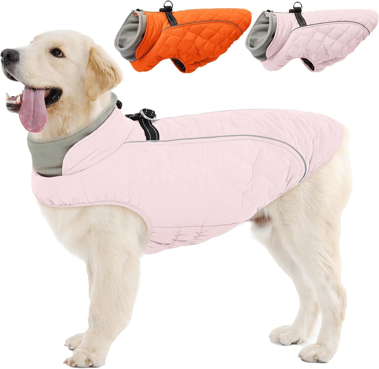 Dog Coat with Harness Built in -Pink,Medium- Fleece Lined Dog Snow Jacket Snowsuit，Adjustable Reflective Winter Warm Cold Weather Coat