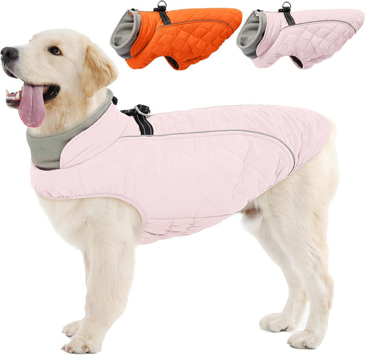 Dog Coat with Harness Built in -Pink,Large- Fleece Lined Dog Snow Jacket Snowsuit，Adjustable Reflective Winter Warm Cold Weather Coat