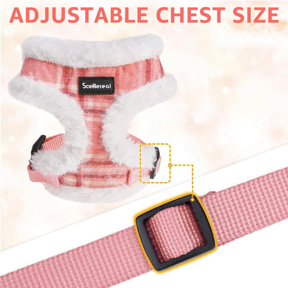 SCENEREAL Small Dog Harness Collar and Leash Set, Mesh Plush No Pull Puppy Vest Harness, Warm Fleece No Chock Step in Small Pet Halter for Outdoor Walking Training, Pink Plaid S
