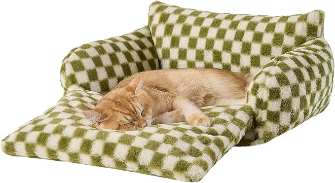 Hollypet Cat Bed Fluffy Plush Mutifuctional Double-Layer Soft Pet Couch Orthopedic Sofa Nest Beds for Small Cats and Dogs, Green and White (21x15x8 inch)