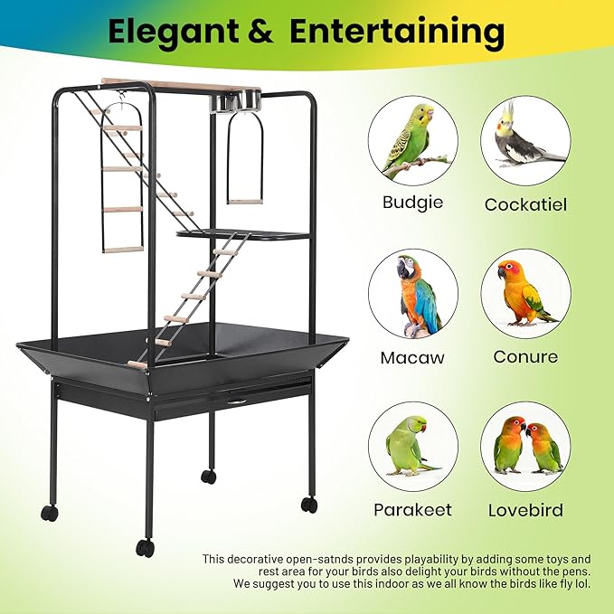 64'' H Inch Birdcage Stand Play Center with Perches and Ladders, Indoor Outdoor Playground for Birds, Bird Playstand w/Rotated Ring Removable Tray, Lockable Caster,Black, for Macaw and Parakeet