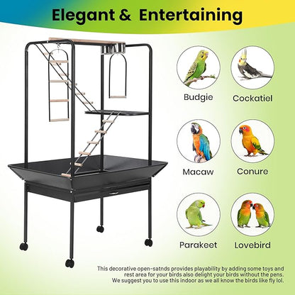 64'' H Inch Birdcage Stand Play Center with Perches and Ladders, Indoor Outdoor Playground for Birds, Bird Playstand w/Rotated Ring Removable Tray, Lockable Caster,Black, for Macaw and Parakeet