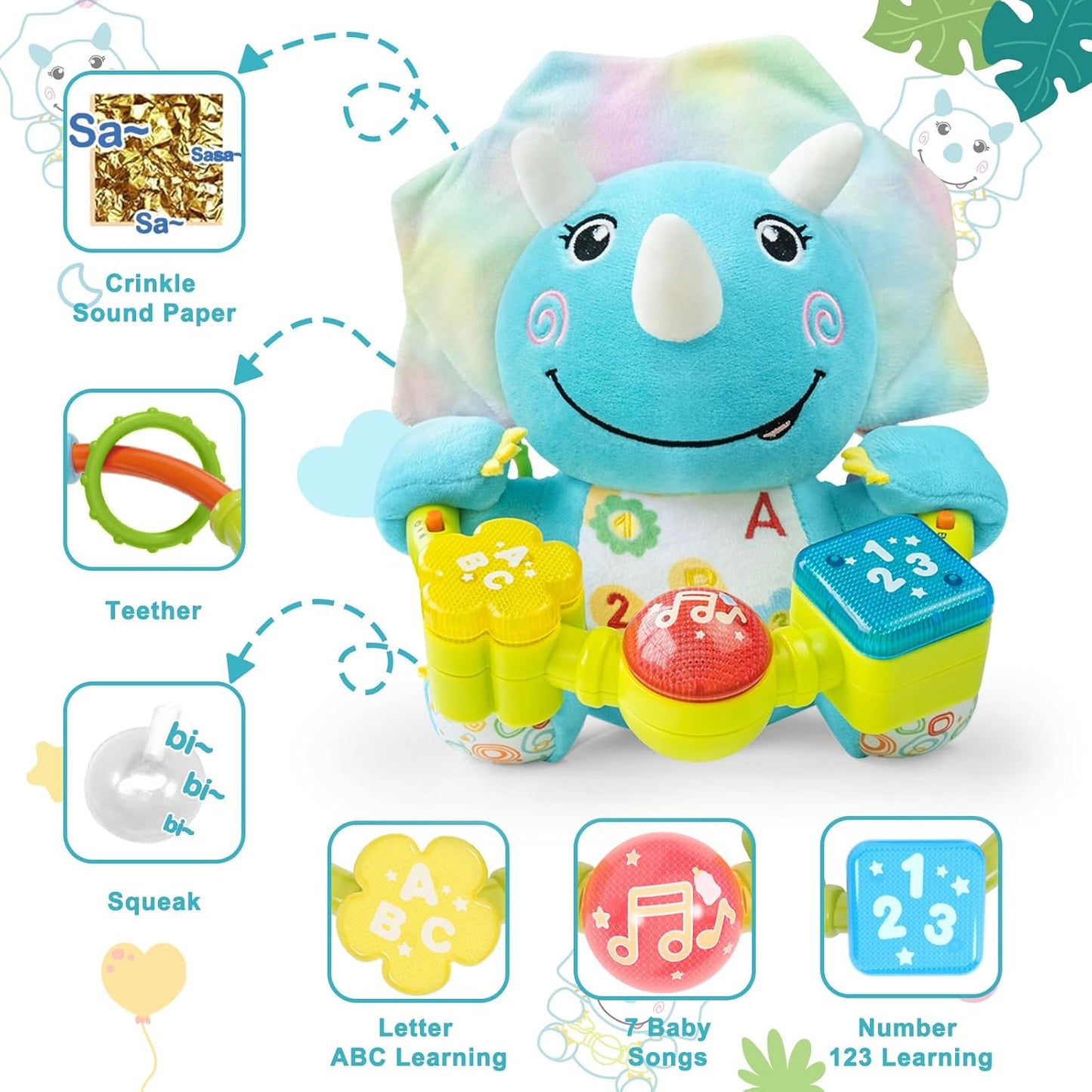 Baby Dino Musical Stuffed Animals Toy with Light-Up Music & Crinkle Sound Paper,Infant Bilingual Early Learning Education Toys,Tummy Time Toys for 0-3-6-12+ Months Boy Girl