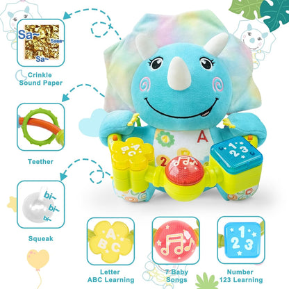 Baby Dino Musical Stuffed Animals Toy with Light-Up Music & Crinkle Sound Paper,Infant Bilingual Early Learning Education Toys,Tummy Time Toys for 0-3-6-12+ Months Boy Girl