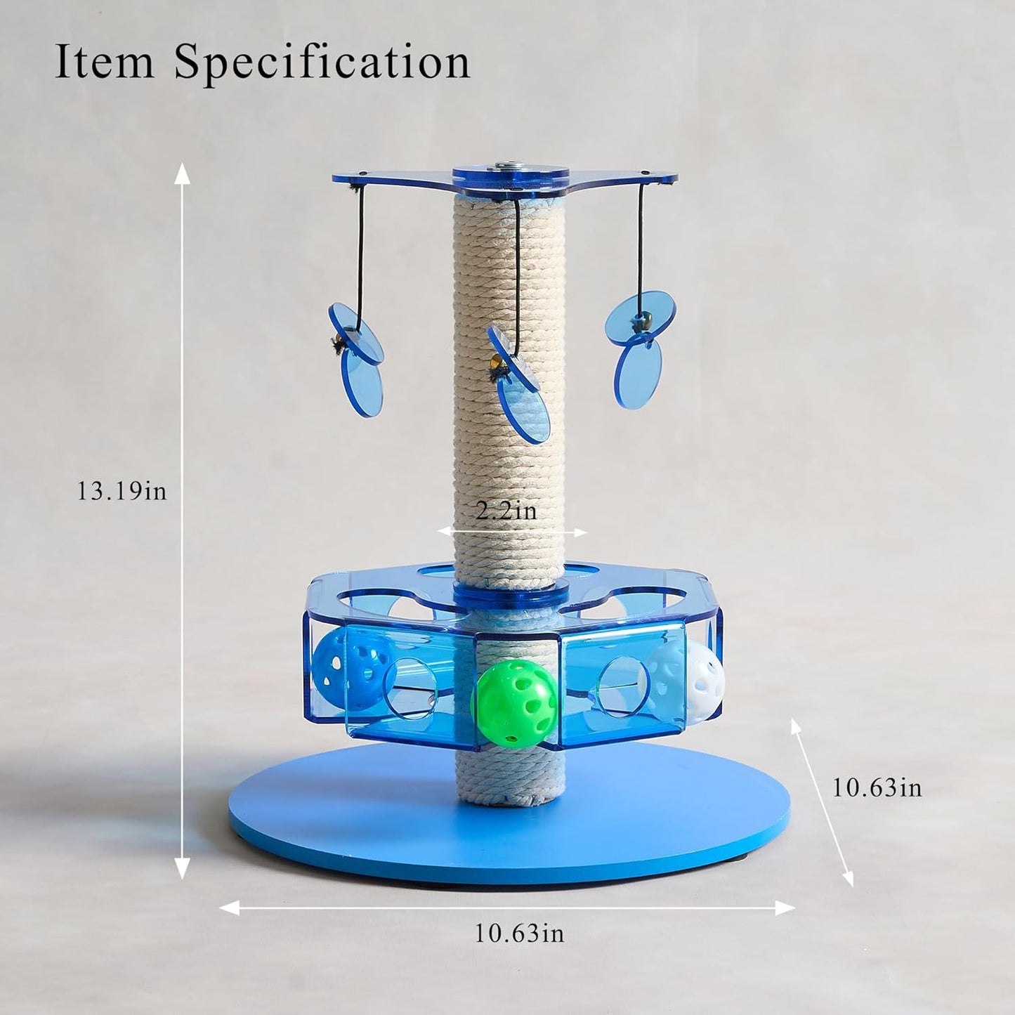 Modern 3-in-1 Interactive Cat Toy with Scratching Post, Rotating Cat Puzzle Toys for Indoor Cats with Colorful Jingle Balls, Spinning Teaser Disc with Dangling Toys, Acrylic, Blue
