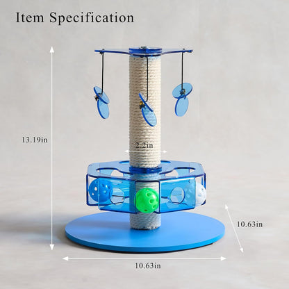 Modern 3-in-1 Interactive Cat Toy with Scratching Post, Rotating Cat Puzzle Toys for Indoor Cats with Colorful Jingle Balls, Spinning Teaser Disc with Dangling Toys, Acrylic, Blue