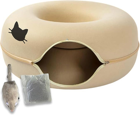 Laluz 2021 Large Cat Tunnel Bed for Multiple & Large Cats Up to 30 Lbs with 2 Toys, Scratch Resistant, Comfy Donut, Detachable & Washable Cat Donut Tunnel Bed (Beige)