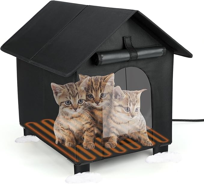 BWOGUE Extra-Large Elevated Heated Cat House for Outdoor Cats in Winter, Waterproof & Insulated Feral Cat Shelter for Outside Cats, Weatherproof Feral Cat House for Outside(Extra-Large Black)