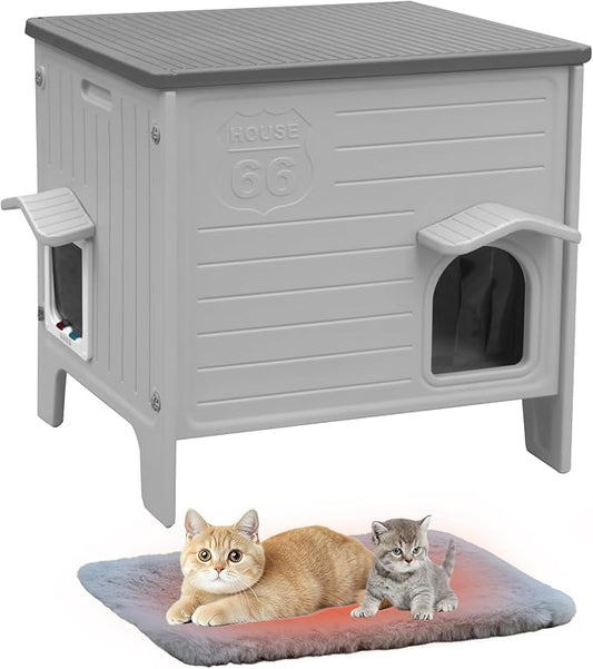 Cat House Outdoor with Cat Mat Large Weatherpoof Plastic Cats Houses with Escape Door Indoor Waterproof Feral/Pet Cat Shelter Outside for Multiple Cats (Grey)