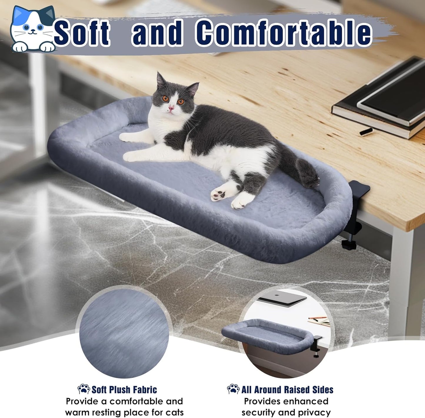 IPOW Heavy Duty Steel Frame Supports up to 50lbs Cat Desk Bed & Perch Space-Saving 90°Foldable with Soft Ultra-Plush Faux Fur for Small Medium Large Cats