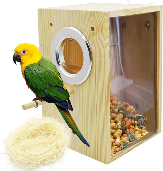 kathson Parakeet Nesting Box Transparent Bird House Bird Nest Box for Cage Parrot Nesting Boxes Wooden Breeding Box for Cockatiel Lovebirds Budgie Finch Canary(M)