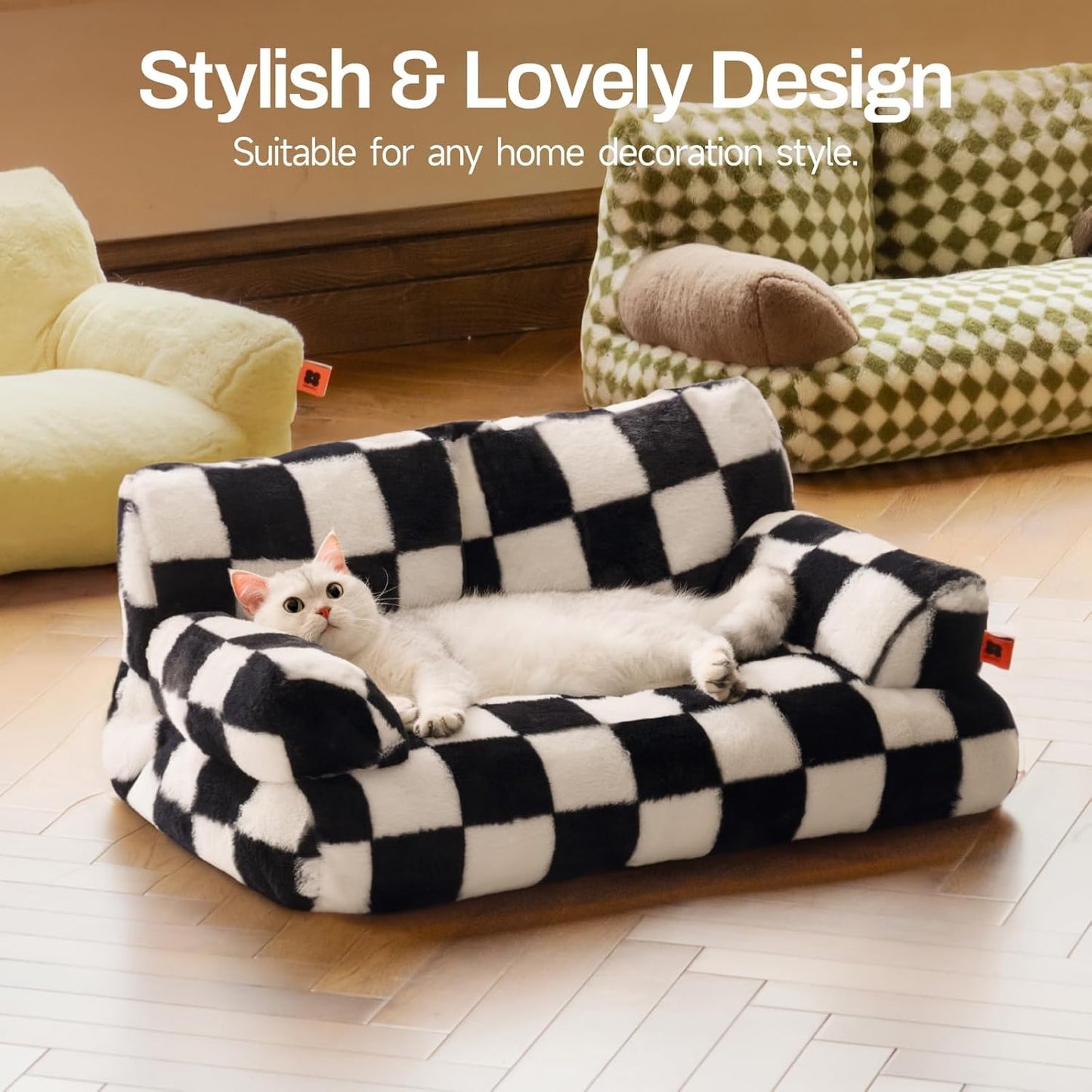 MEWOOFUN Cat Bed for Indoor Cats, Washable Dog Beds for Small Medium Dogs & Cats, Fluffy Cat Couch with Non-Slip Bottom (Black&White, 26.0" L x 19.0" W x 13.0" Th)