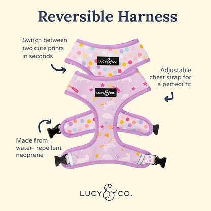 Lucy & Co. Cute Reversible Dog Harness Walking Halter - Best Designer Pet Harnesses for XS - XL Dogs - Padded Adjustable Vest for Easy Walking (Large, Unicorn Magic - Purple & Pink Unicorns)