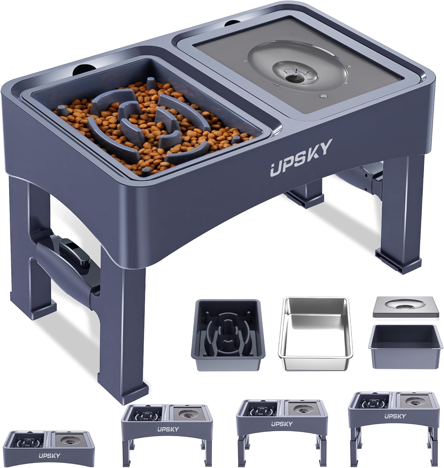 UPSKY 3-in-1 Elevated Dog Bowls Slow Feeder, Adjustable Stand, Stainless Steel Food & No Spill Pet Water Bowl for Small Medium Dogs, Blue