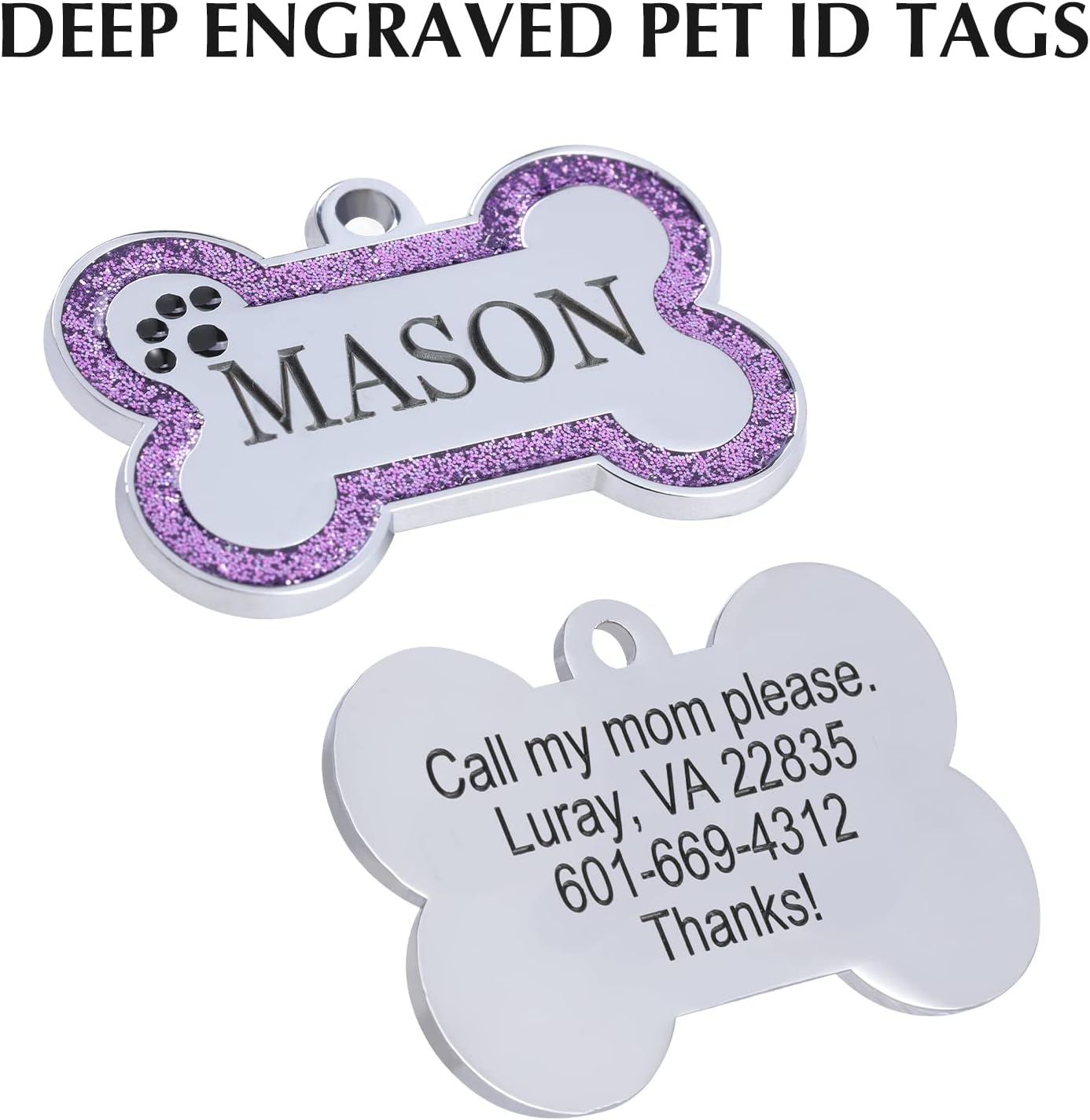 Personalized Stainless Steel Pet ID Tags with Glittery Bone Design - DEEP Engraved Dog Tags Engraved for Pets Customized with 5 Lines Dogs and Cats Pets