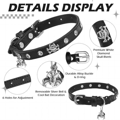 EXPAWLORER Halloween Leather Cat Collar - Adjustable Pet Collar with Rivet Spike for Girl Boy Cats, Punk Accessories with Bell & Durable D-Ring,White Diamond Skull