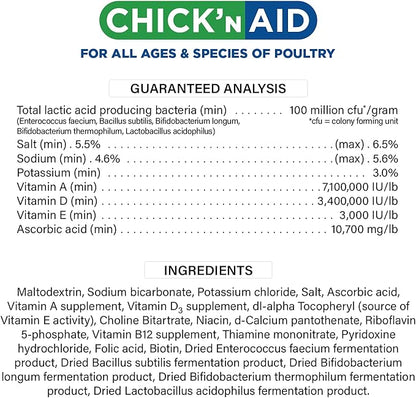 Chick’n Aid Chicken Supplement for All Ages (8 oz, Pack of 1) - Chicken Vitamins, Electrolytes, and Probiotics - Multipurpose Poultry Vitamins for Chickens, Ducks, and Turkeys